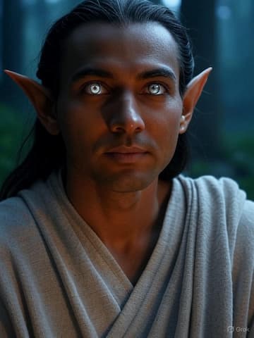 A mystical Kalashtar character with pointed ears and glowing blue eyes, dressed in a gray robe, standing in a forest