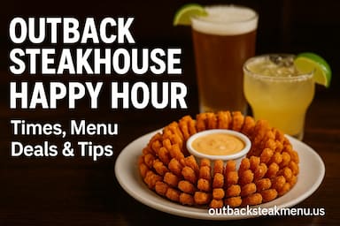 Outback Steakhouse Happy Hour promotional graphic featuring a plate of golden fried Bloomin' Onion with dipping sauce, a pint of beer, and a lime-garnished margarita, overlaid with white text reading 'OUTBACK STEAKHOUSE HAPPY HOUR Times, Menu Deals & Tips' on a dark background.