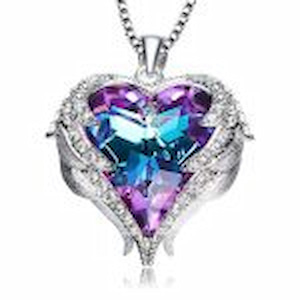 Colorful heart-shaped pendant necklace with angel wings, featuring a purple-to-blue crystal gem surrounded by silver detailing and small clear stones.