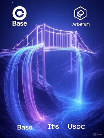 Digital illustration of a futuristic bridge linking Base and Arbitrum blockchain logos with flowing cryptocurrency tokens